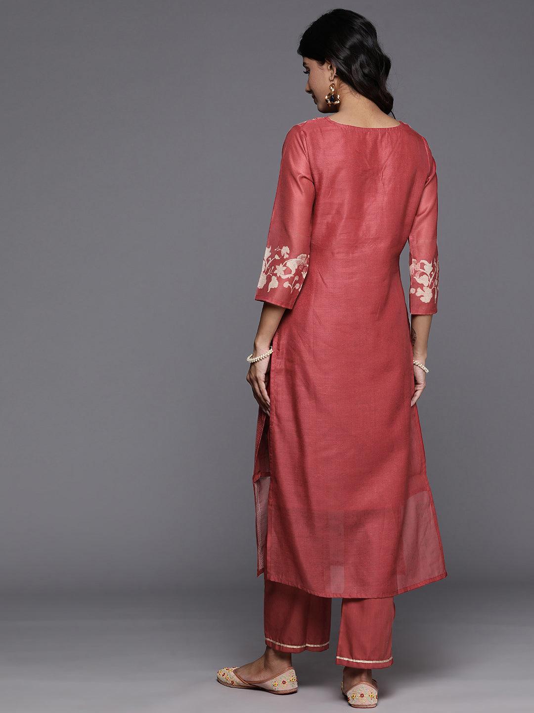 Rust Printed Silk Blend Straight Kurta With Trousers - Libas