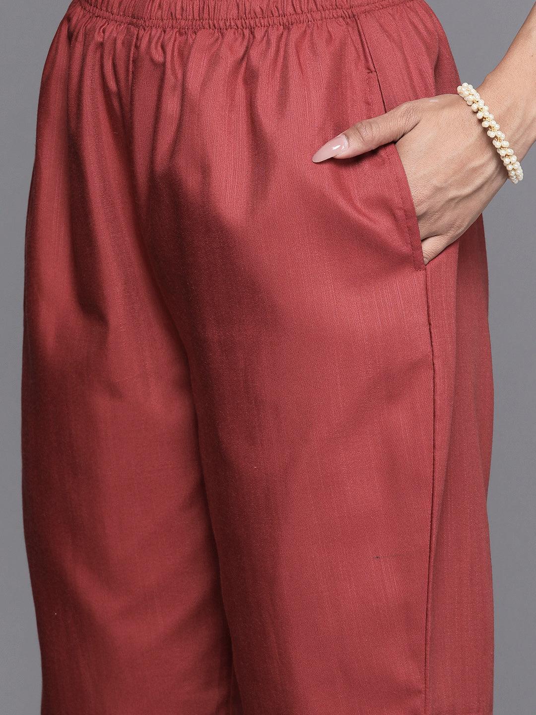 Rust Printed Silk Blend Straight Kurta With Trousers - Libas