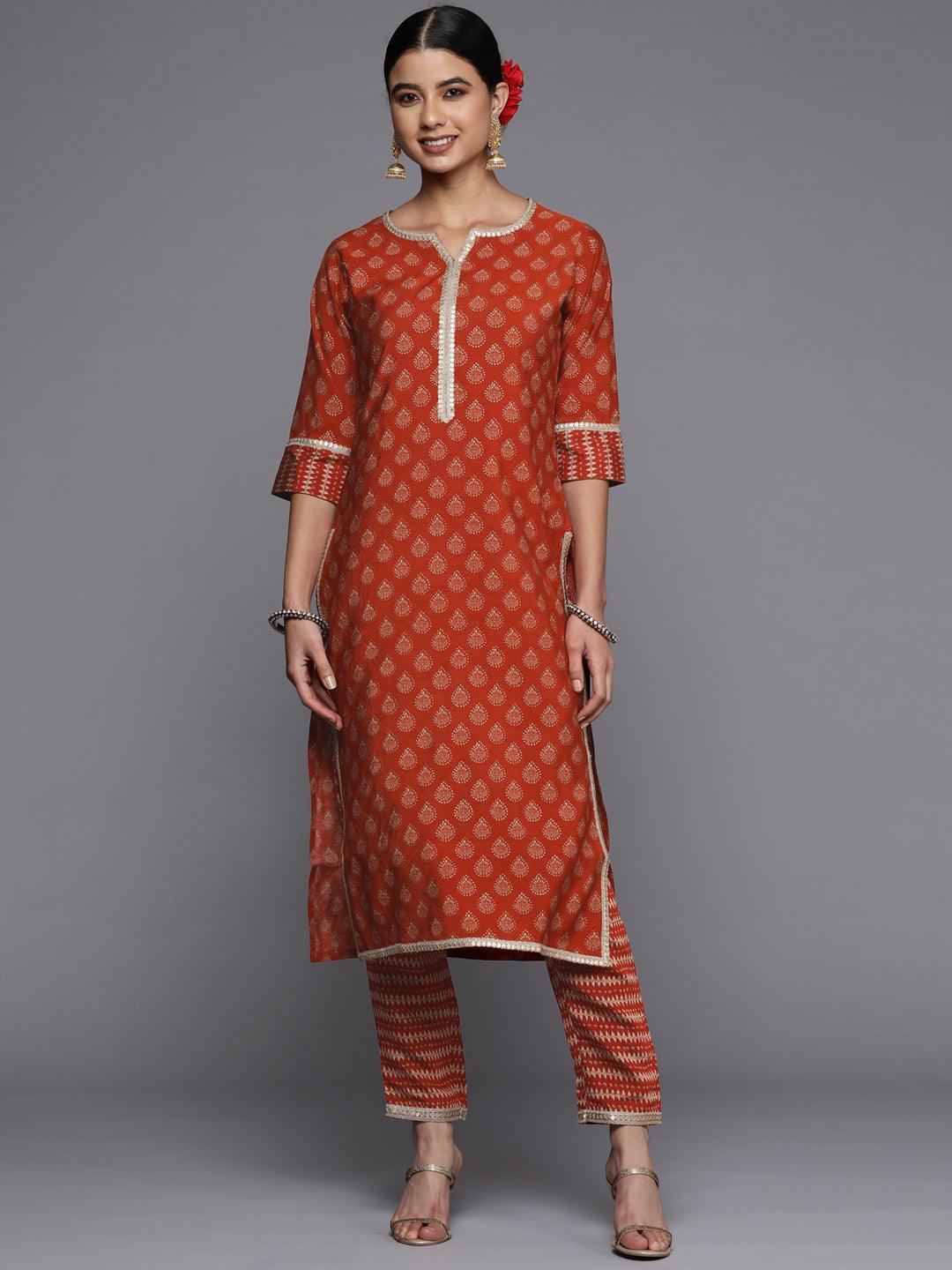 Rust Printed Silk Straight Kurta