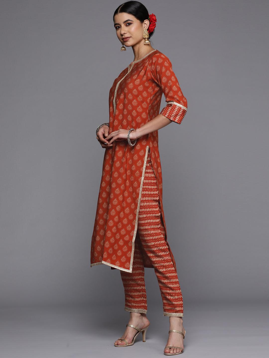 Rust Printed Silk Straight Kurta