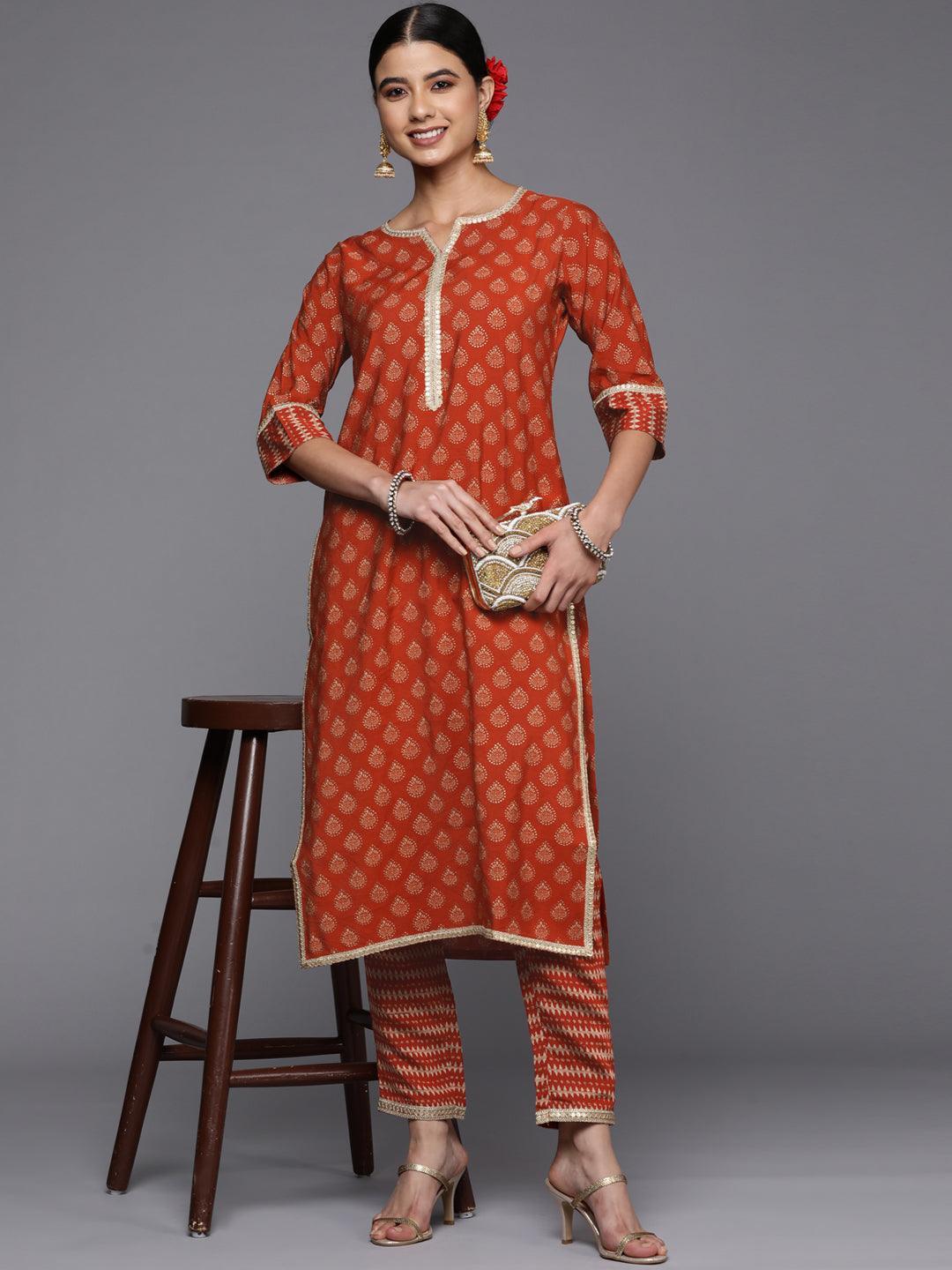 Rust Printed Silk Straight Kurta