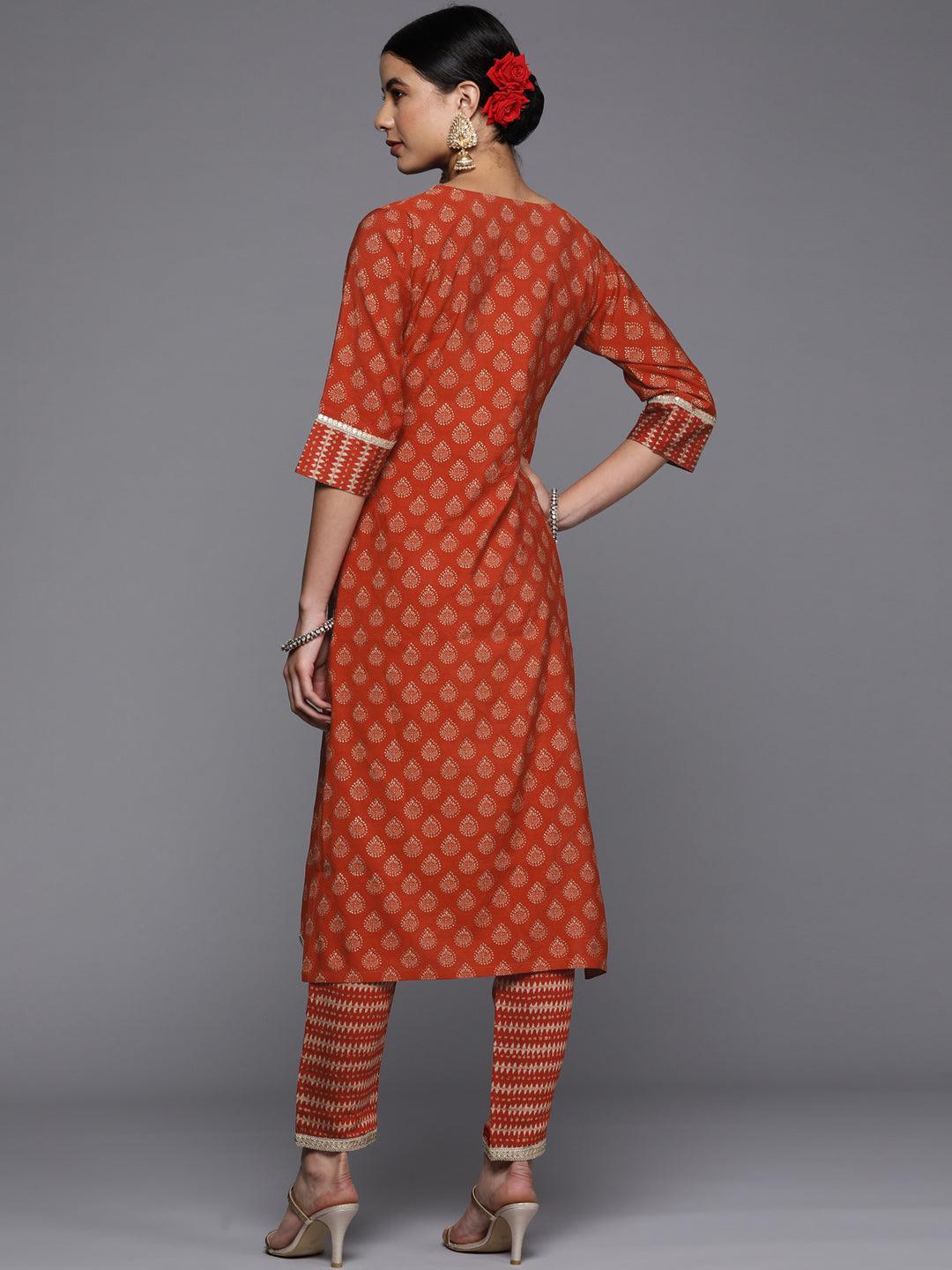 Rust Printed Silk Straight Kurta