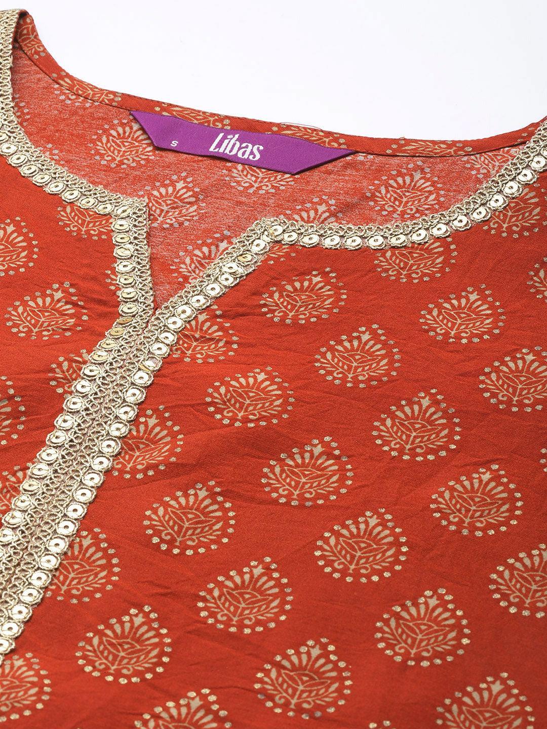 Rust Printed Silk Straight Kurta