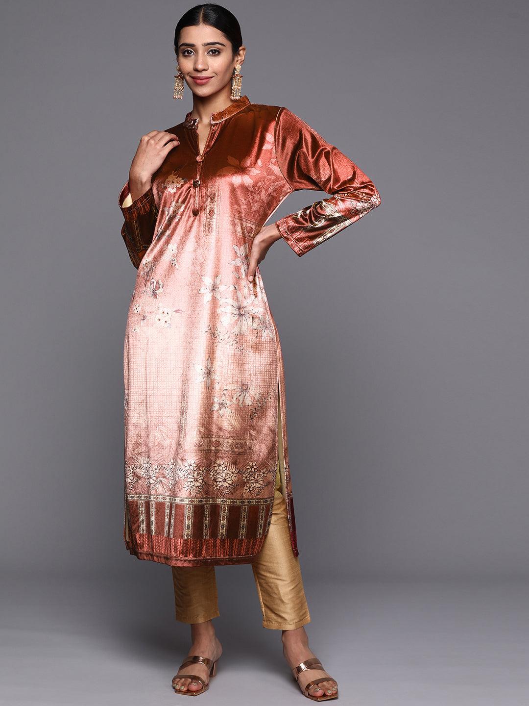 Rust Printed Velvet Straight Kurta - Libas