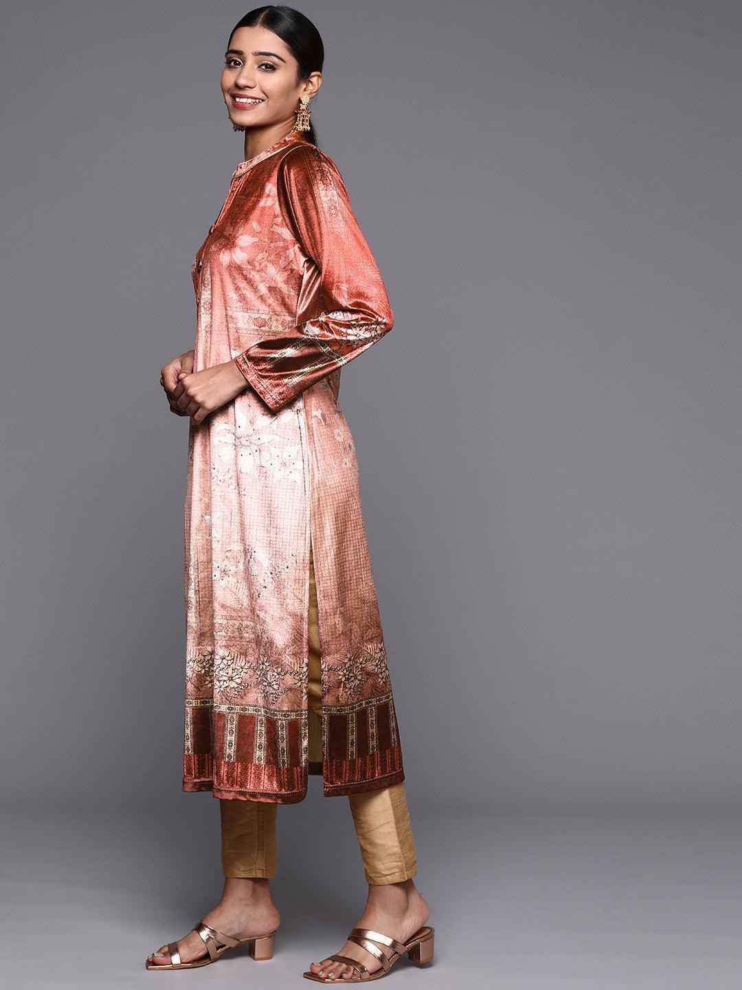 Rust Printed Velvet Straight Kurta - Libas