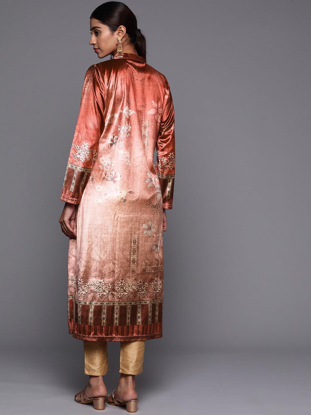 Rust Printed Velvet Straight Kurta