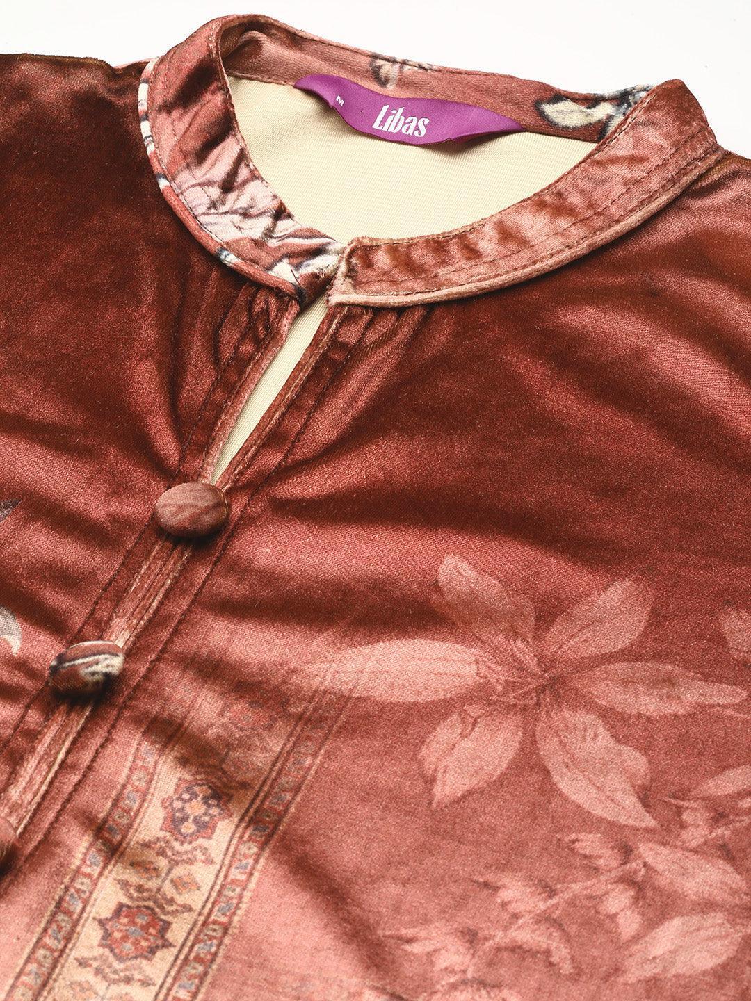 Rust Printed Velvet Straight Kurta - Libas