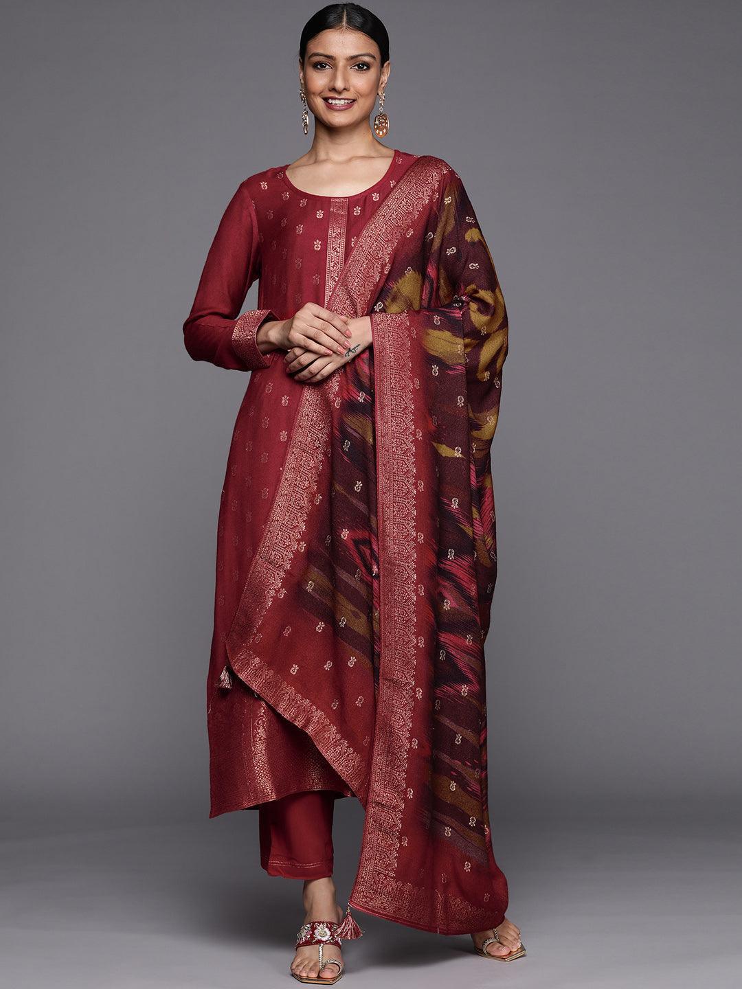 Rust Self Design Pashmina Wool Straight Suit Set