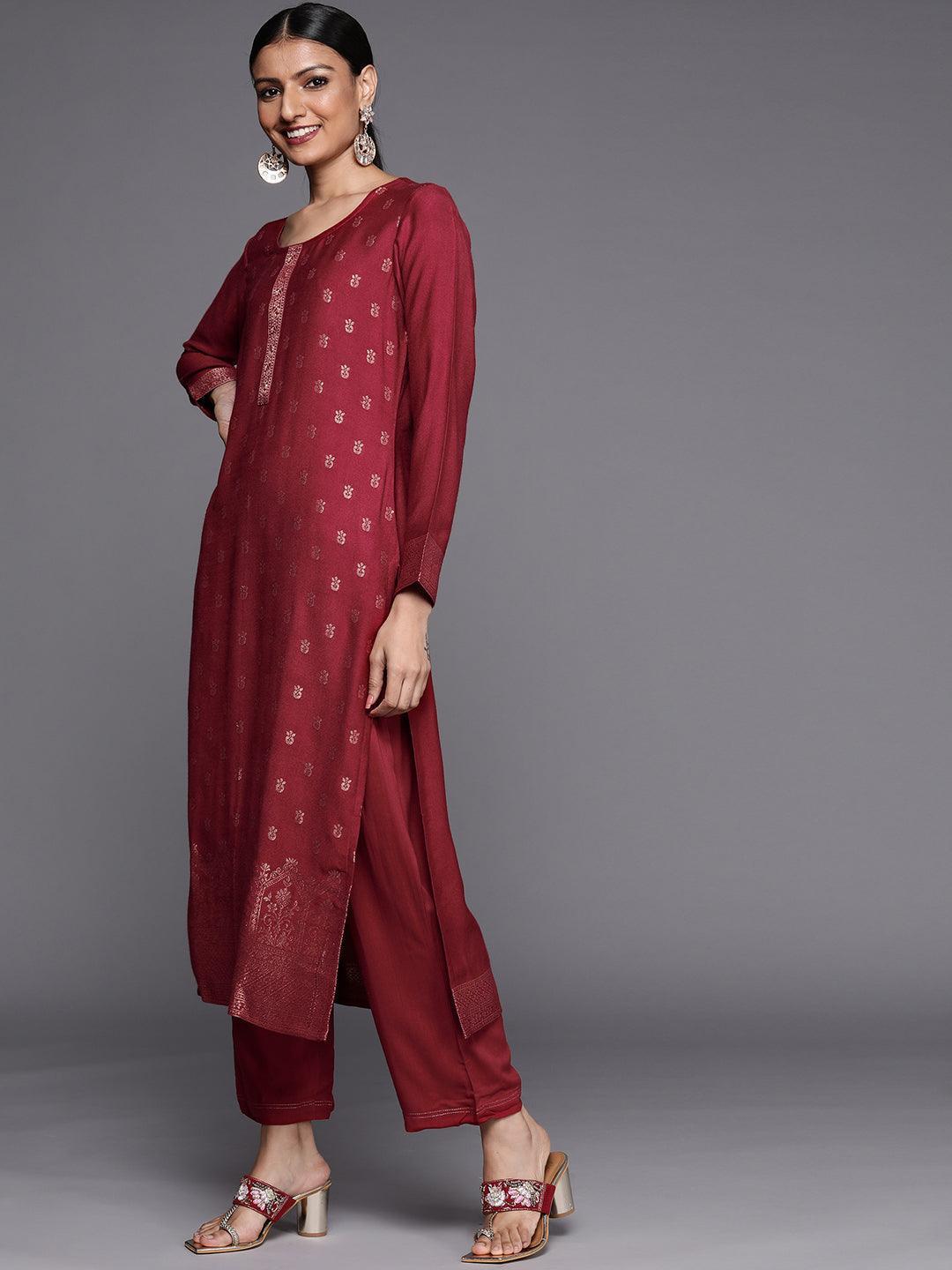 Rust Self Design Pashmina Wool Straight Suit Set