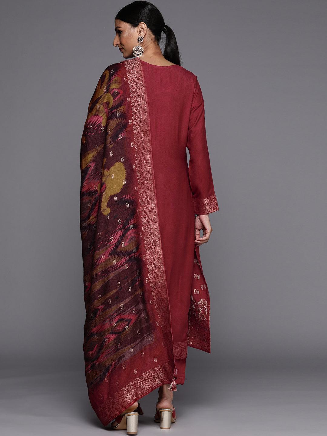 Rust Self Design Pashmina Wool Straight Suit Set