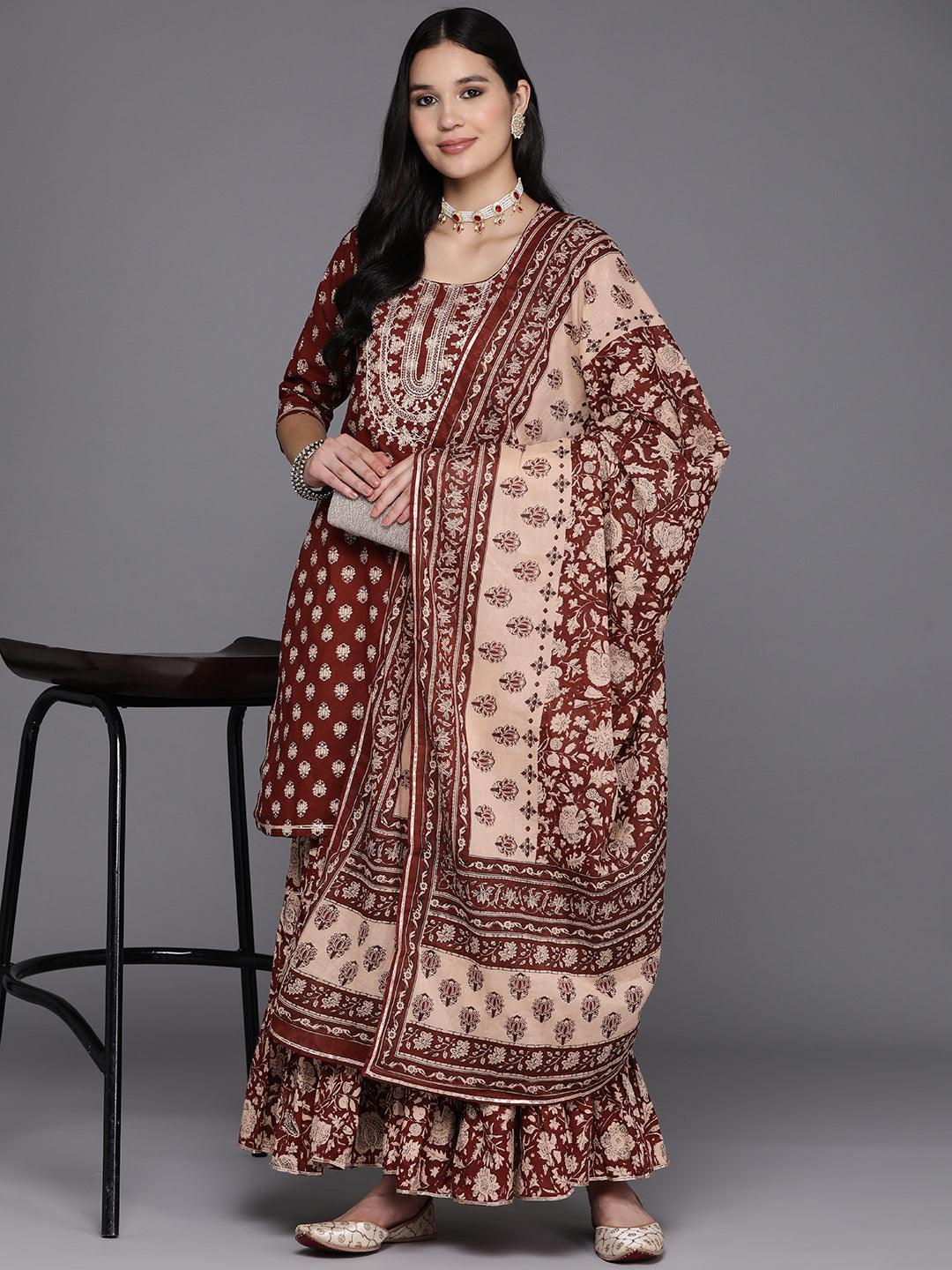 Rust Yoke Design Cotton Straight Kurta With Sharara & Dupatta