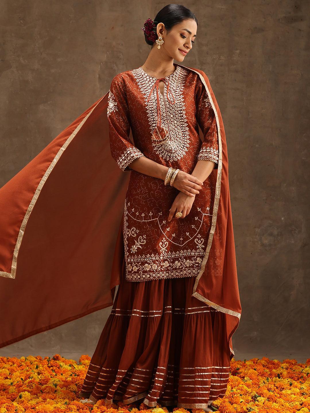 Rust Yoke Design Silk Blend Suit Set With Sharara - ShopLibas