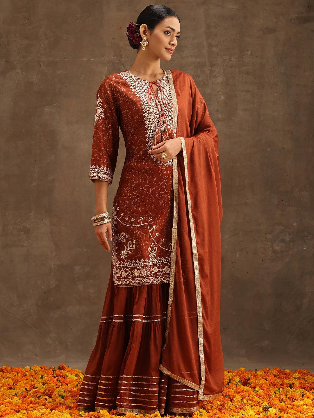 Rust Yoke Design Silk Blend Suit Set With Sharara - ShopLibas