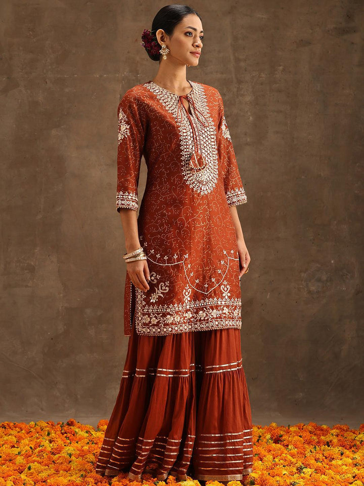 Rust Yoke Design Silk Blend Suit Set With Sharara - ShopLibas