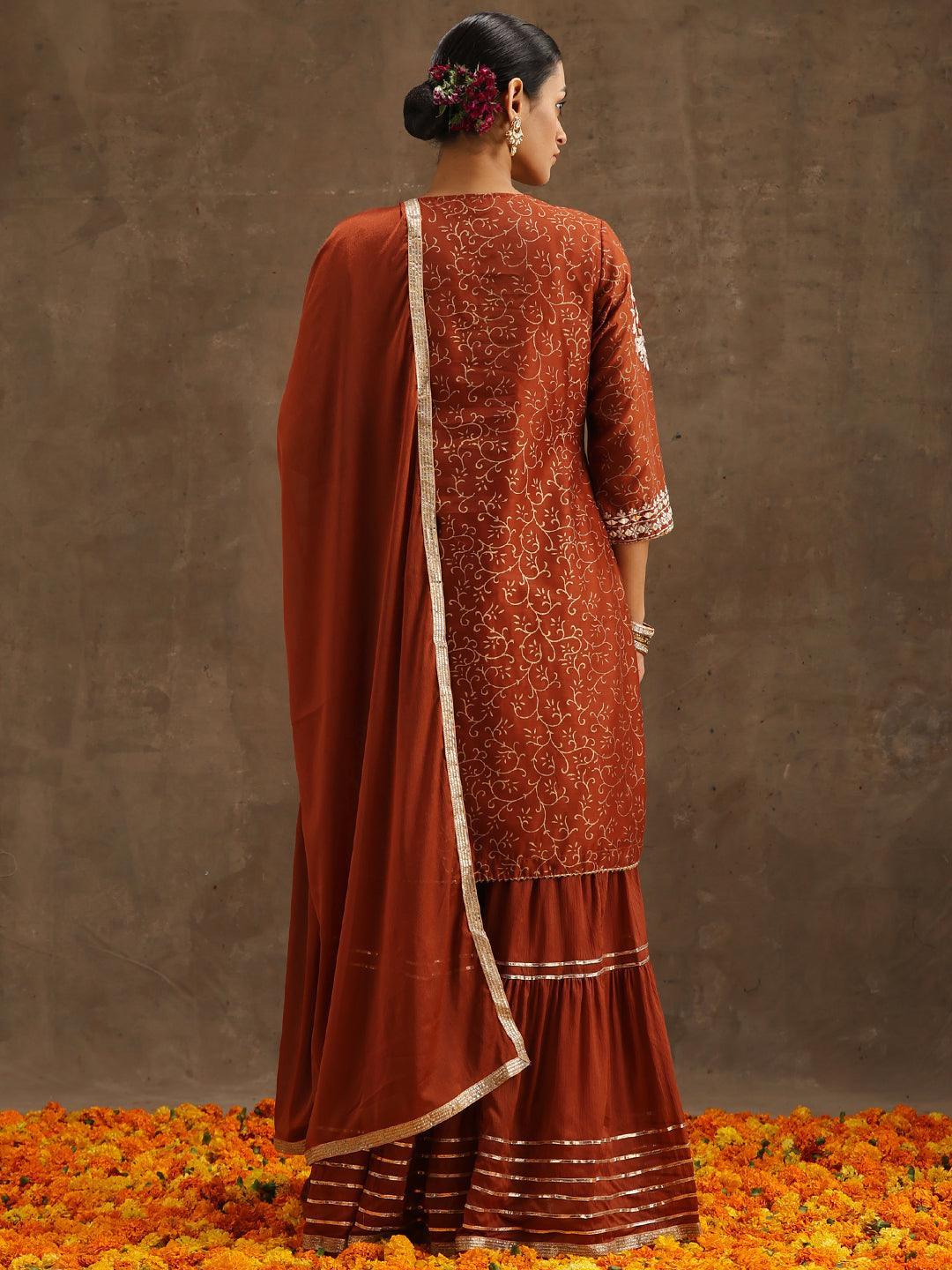 Rust Yoke Design Silk Blend Suit Set With Sharara - ShopLibas