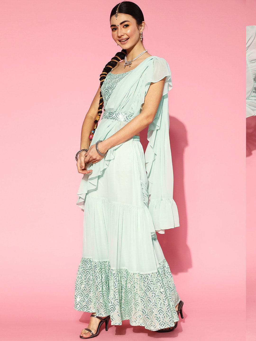 Sea Green Embellished Ready to Wear Saree