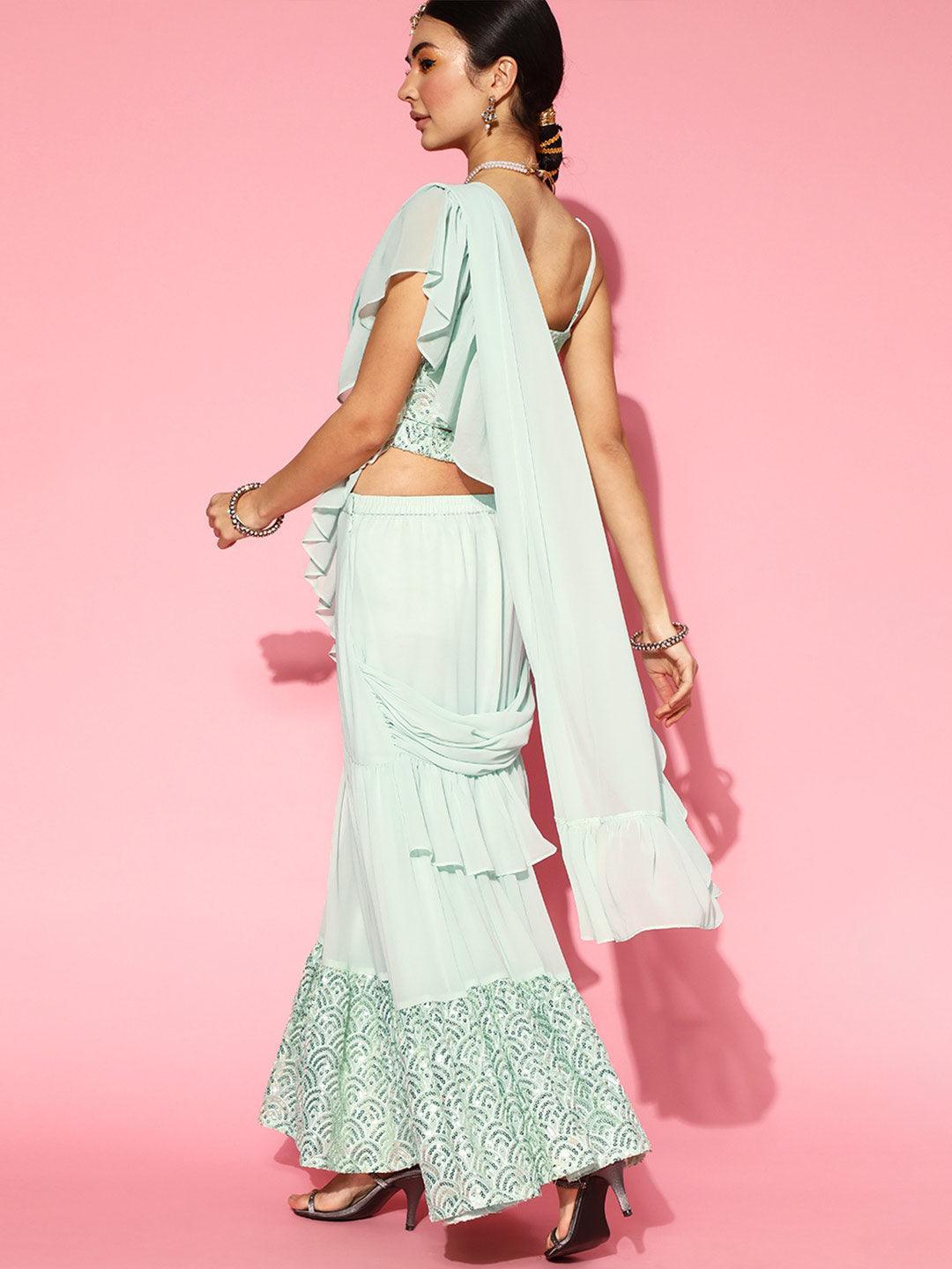 Sea Green Embellished Ready to Wear Saree