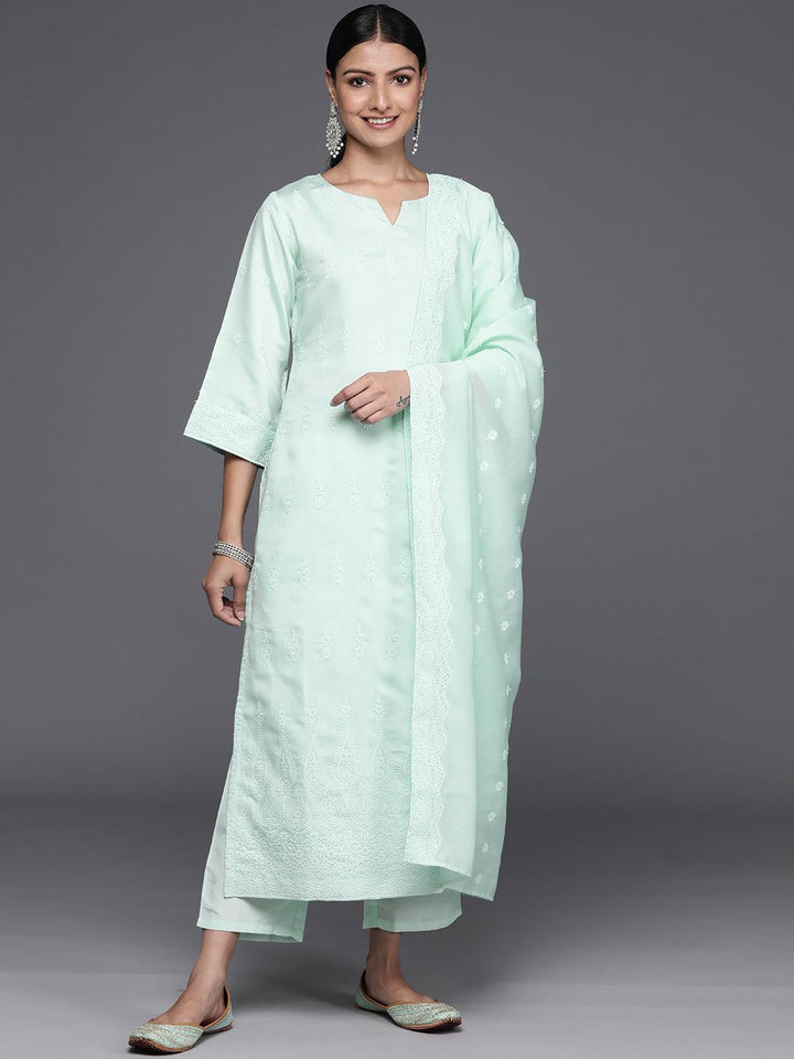 Sea Green Embroidered Chanderi Silk Straight Kurta With Trousers & Dupatta - Libas