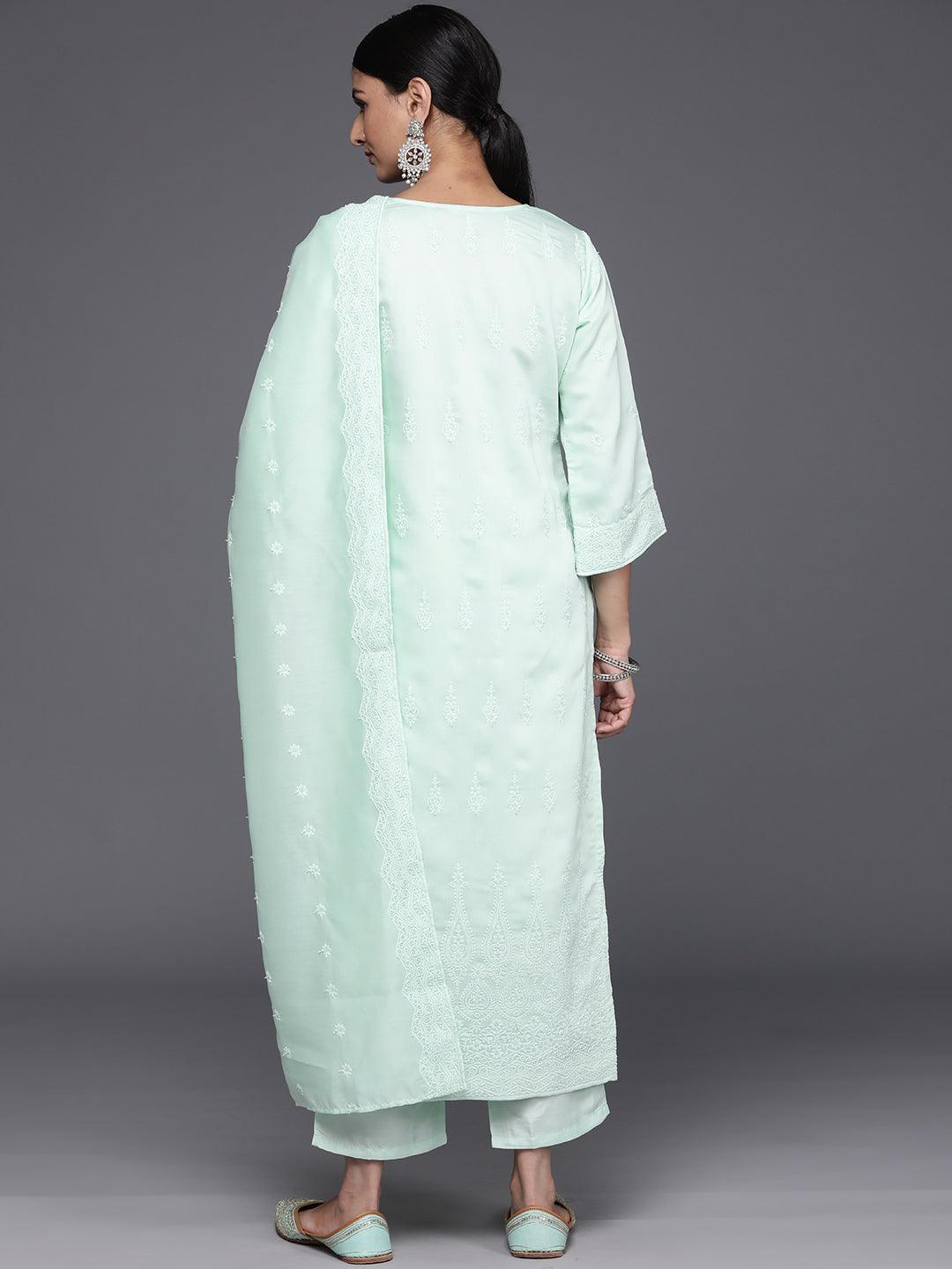 Sea Green Embroidered Chanderi Silk Straight Kurta With Trousers & Dupatta