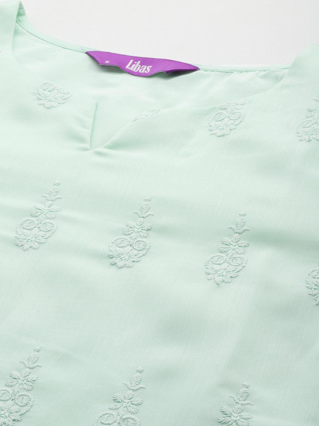 Sea Green Embroidered Chanderi Silk Straight Kurta With Trousers & Dupatta