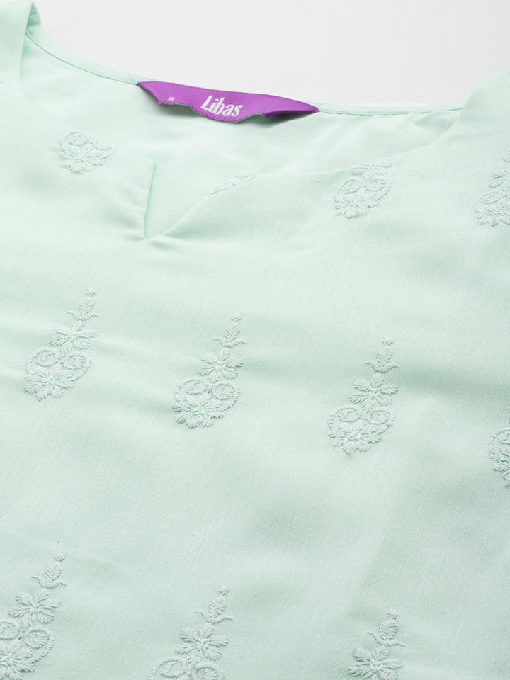 Sea Green Embroidered Chanderi Silk Straight Kurta With Trousers & Dupatta - Libas