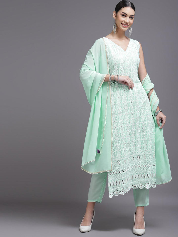 Sea Green Embroidered Georgette Suit Set - ShopLibas