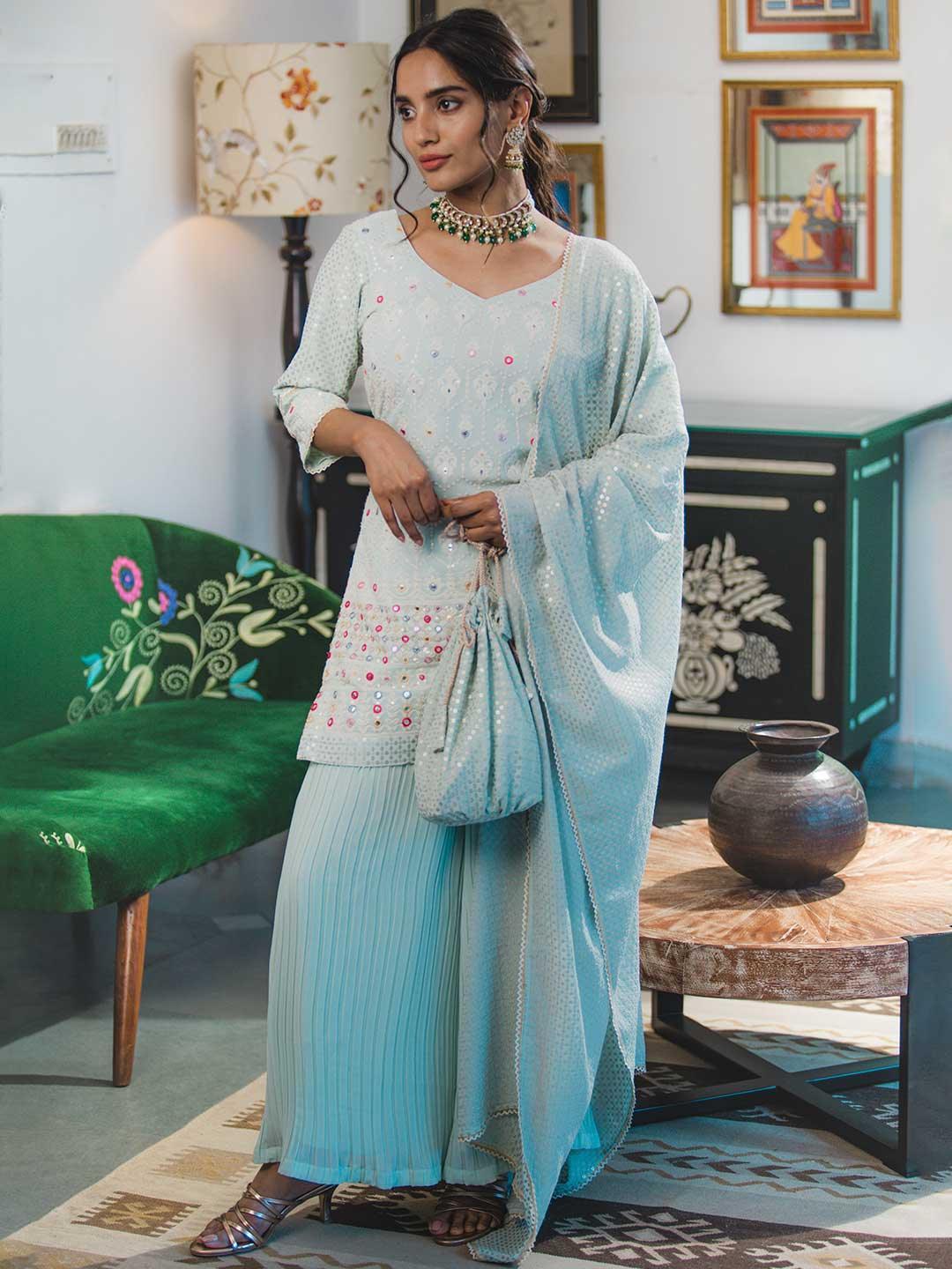 Sea Green Embroidered Georgette Kurta Set - ShopLibas