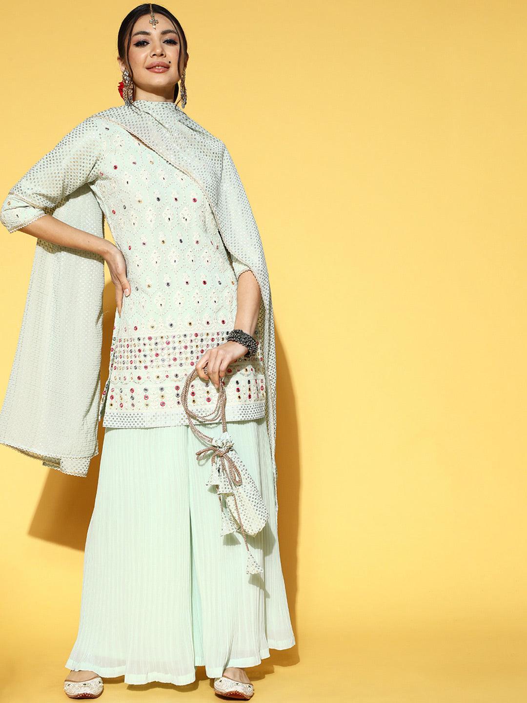 Sea Green Embroidered Georgette Kurta Set - ShopLibas