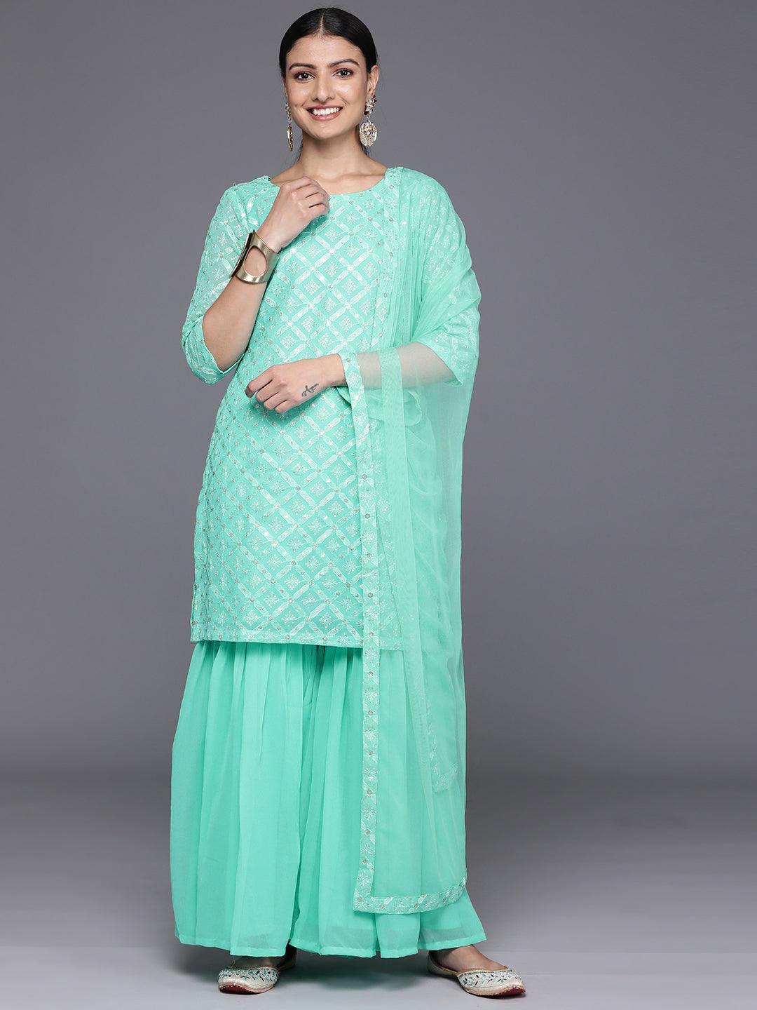 Sea Green Embroidered Georgette Straight Kurta With Sharara & Dupatta