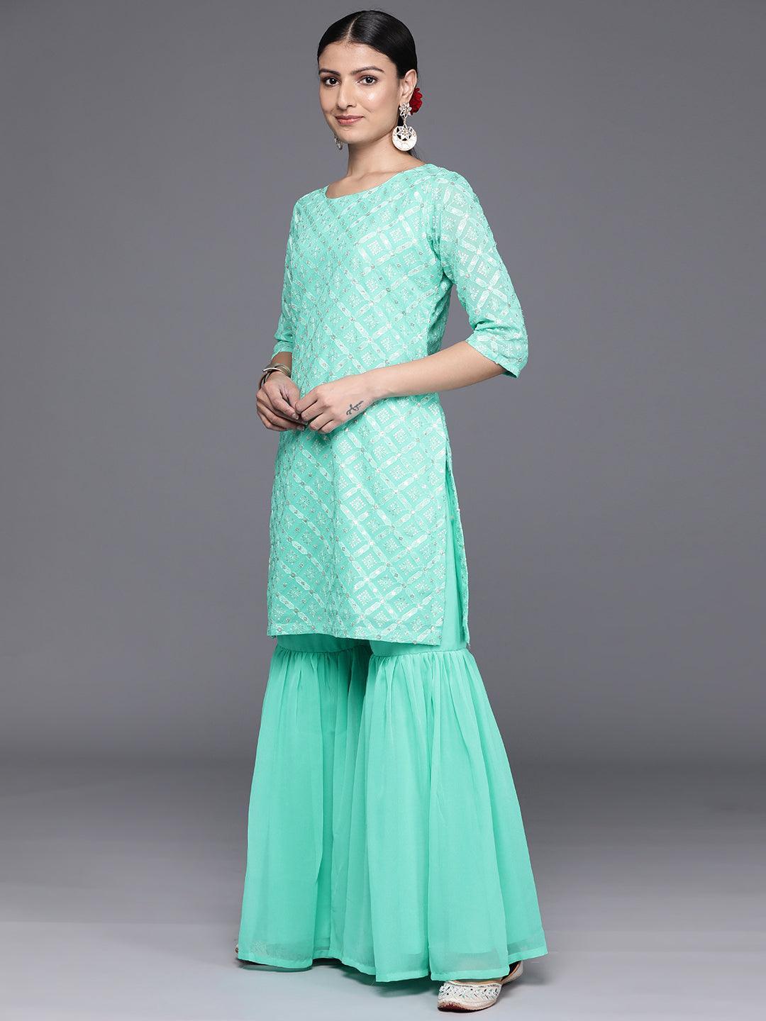 Sea Green Embroidered Georgette Straight Kurta With Sharara & Dupatta