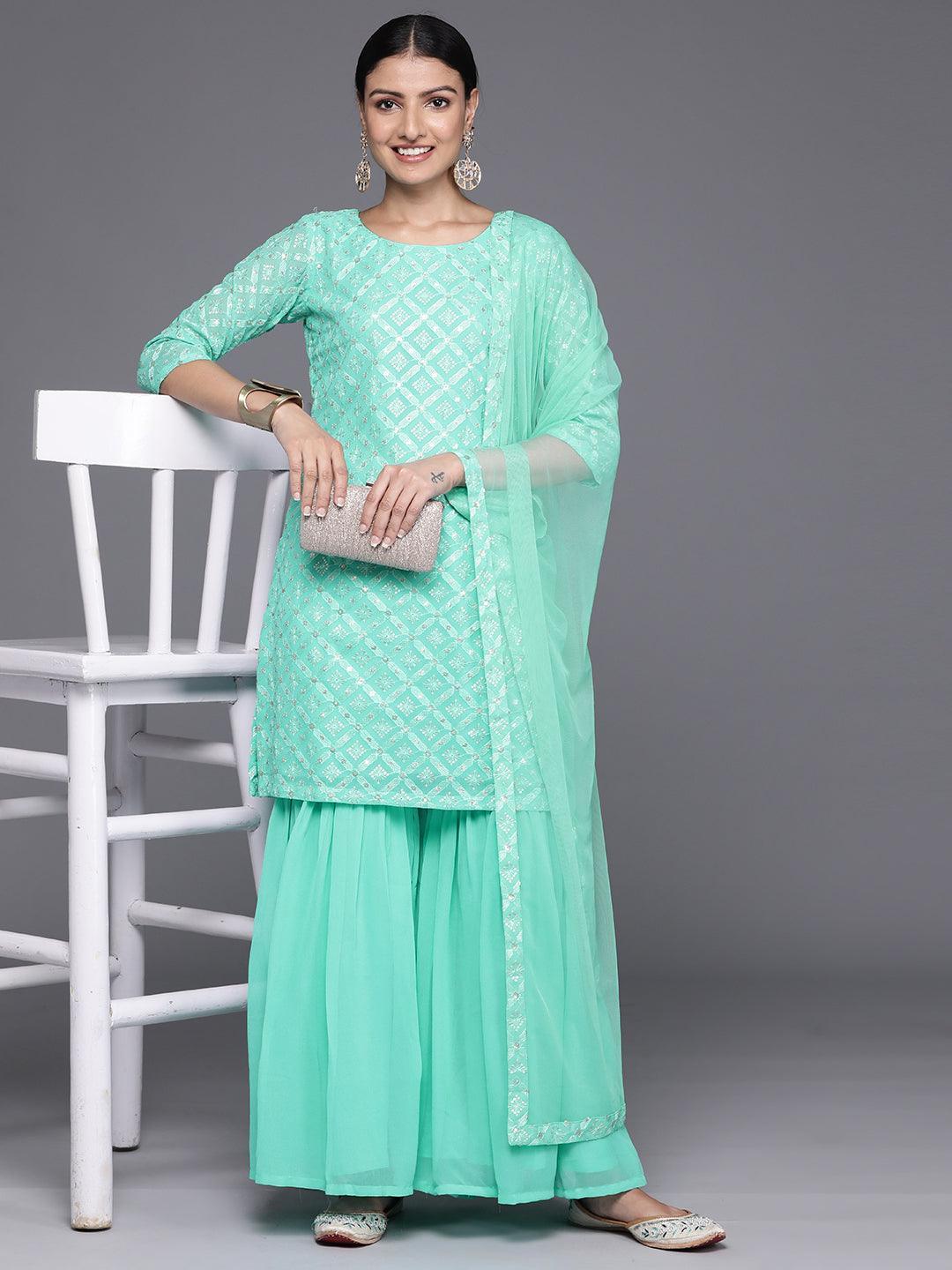 Sea Green Embroidered Georgette Straight Kurta With Sharara & Dupatta