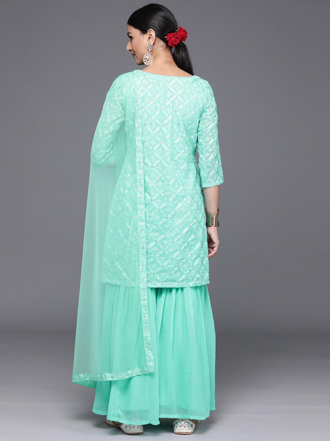 Sea Green Embroidered Georgette Straight Kurta With Sharara & Dupatta