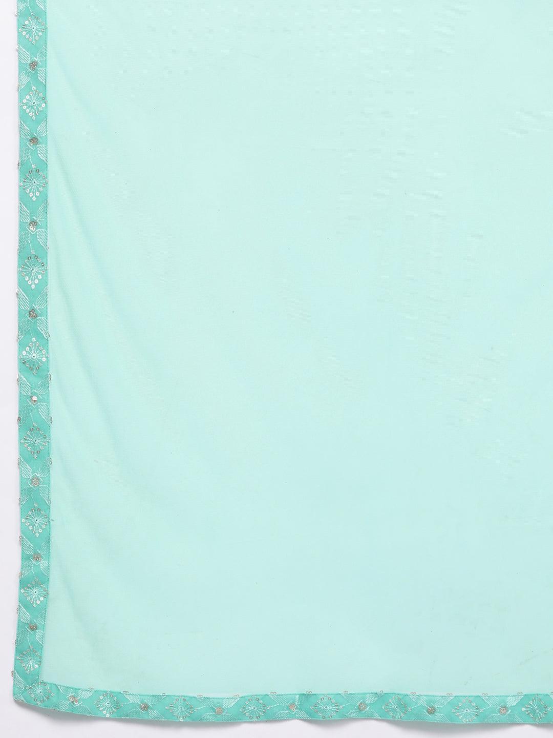 Sea Green Embroidered Georgette Straight Kurta With Sharara & Dupatta