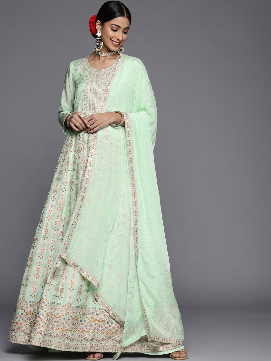 Sea Green Embroidered Silk Anarkali Suit Set