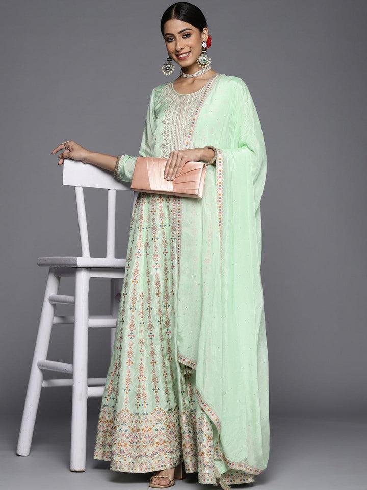 Sea Green Embroidered Silk Anarkali Suit Set - ShopLibas