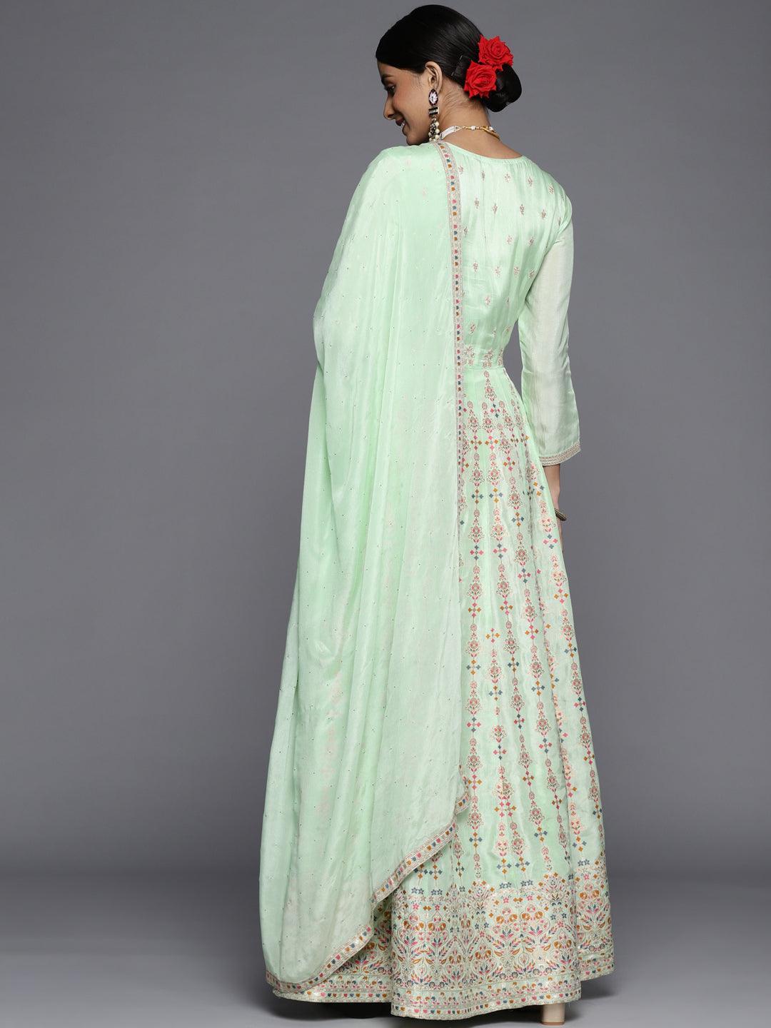 Sea Green Embroidered Silk Anarkali Suit Set - ShopLibas