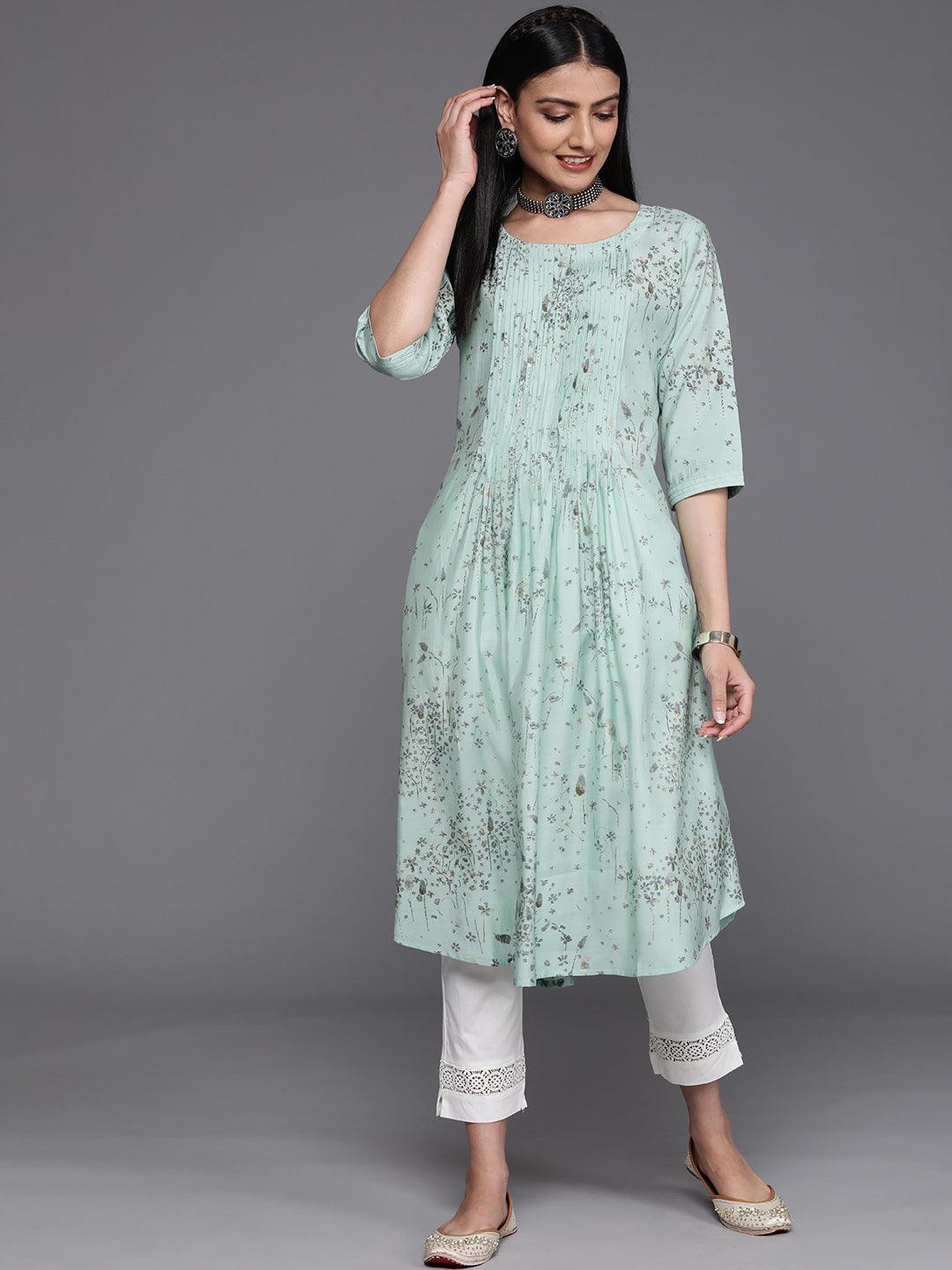 Sea Green Printed Chanderi Silk Kurta - ShopLibas