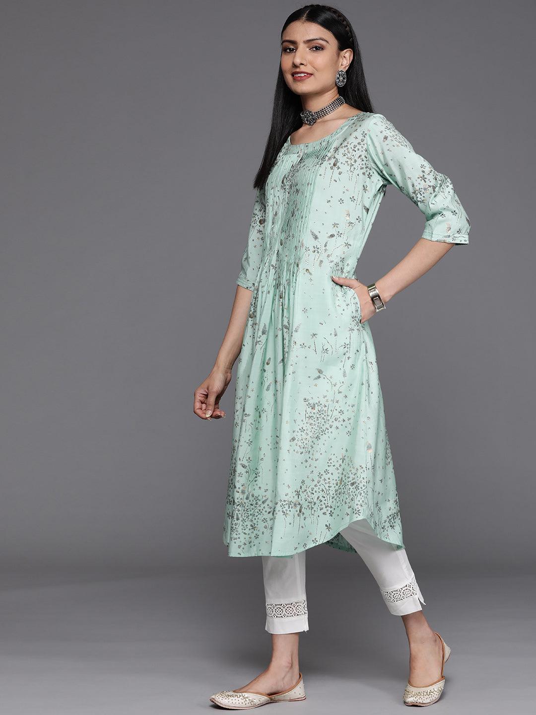 Sea Green Printed Chanderi Silk Kurta