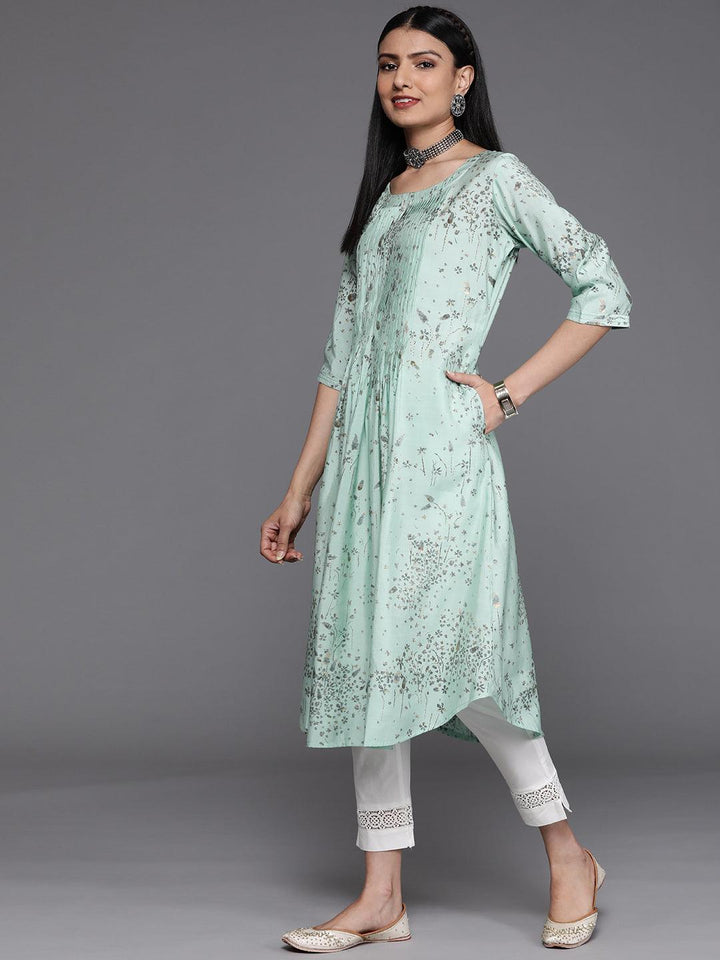 Sea Green Printed Chanderi Silk Kurta - ShopLibas