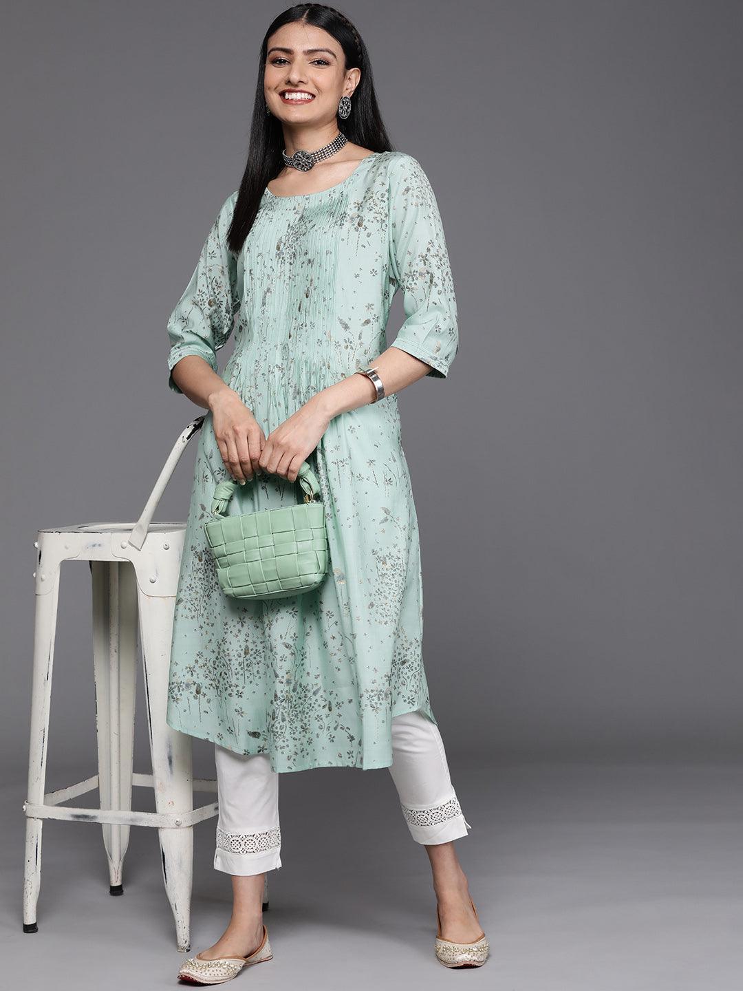 Sea Green Printed Chanderi Silk Kurta - ShopLibas