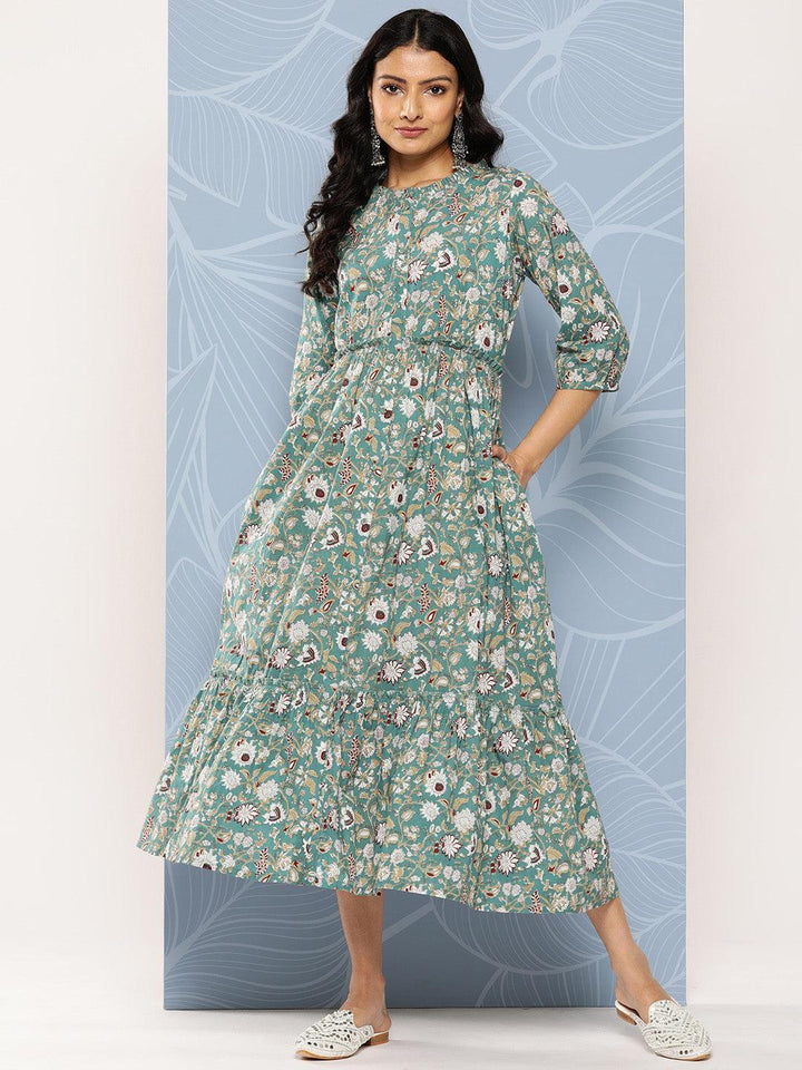 Sea Green Printed Cotton Fit and Flare Dress - Libas