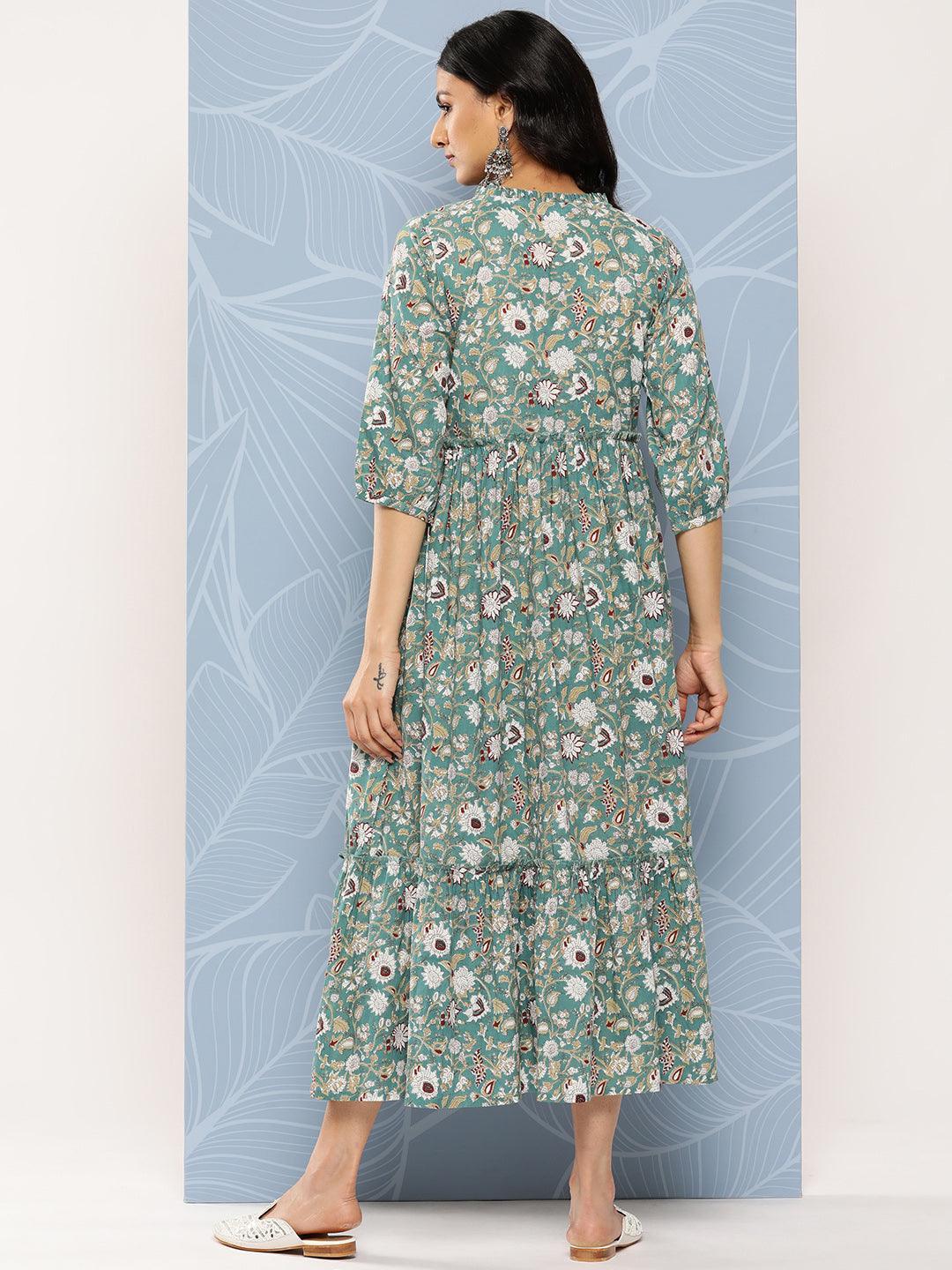 Sea Green Printed Cotton Fit and Flare Dress