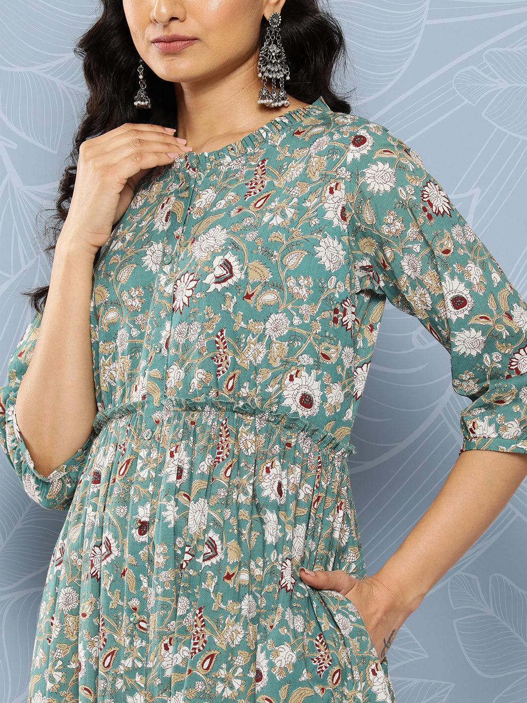 Sea Green Printed Cotton Fit and Flare Dress - Libas