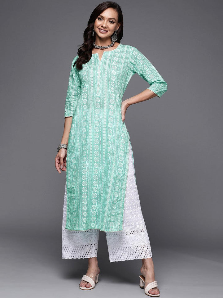 Sea Green Printed Cotton Straight Kurta - ShopLibas