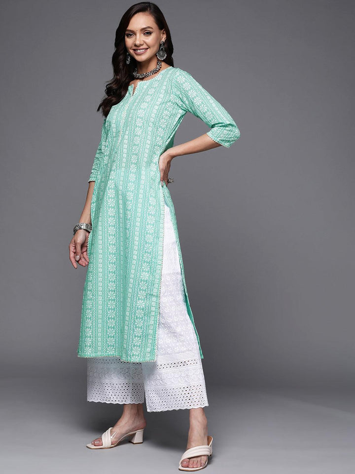 Sea Green Printed Cotton Straight Kurta - ShopLibas