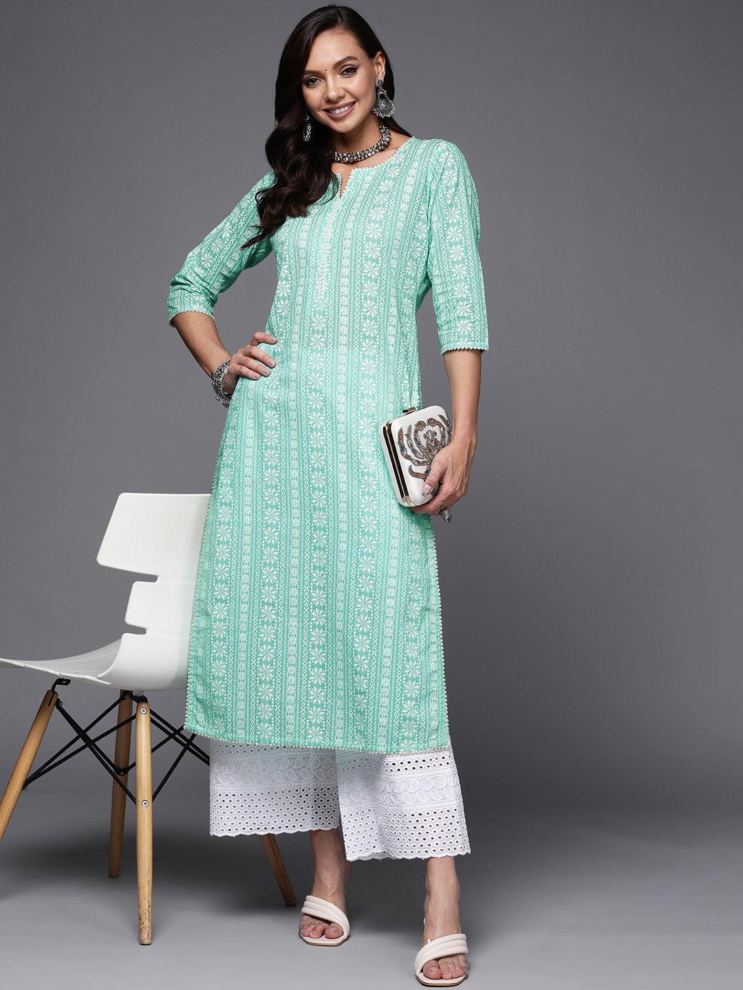 Sea Green Printed Cotton Straight Kurta - ShopLibas