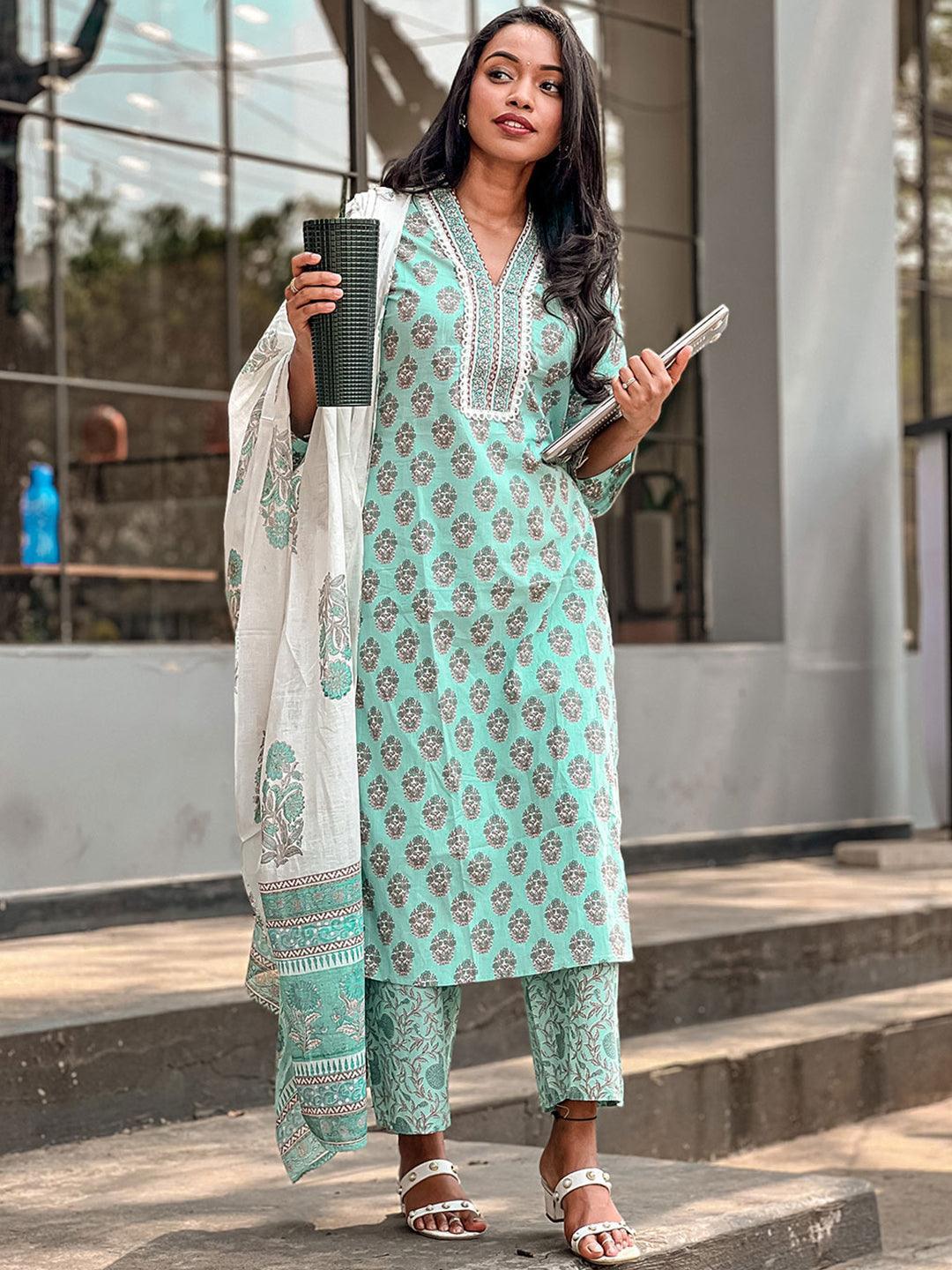 Sea Green Printed Cotton Suit Set