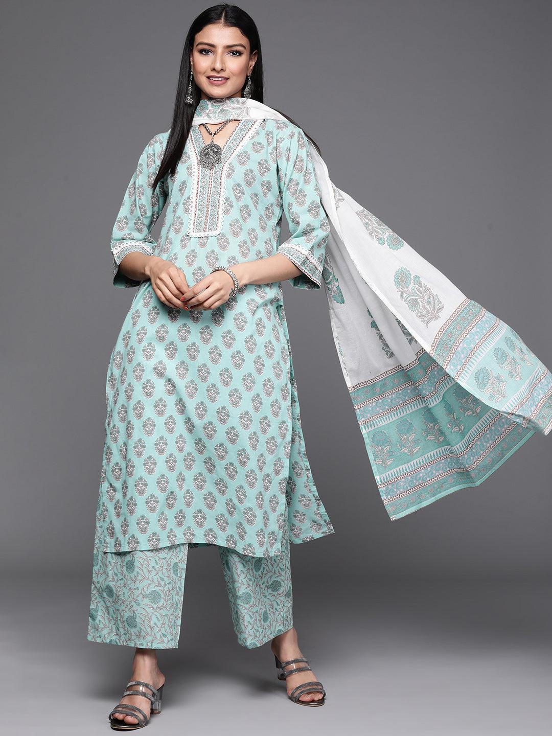 Sea Green Printed Cotton Suit Set