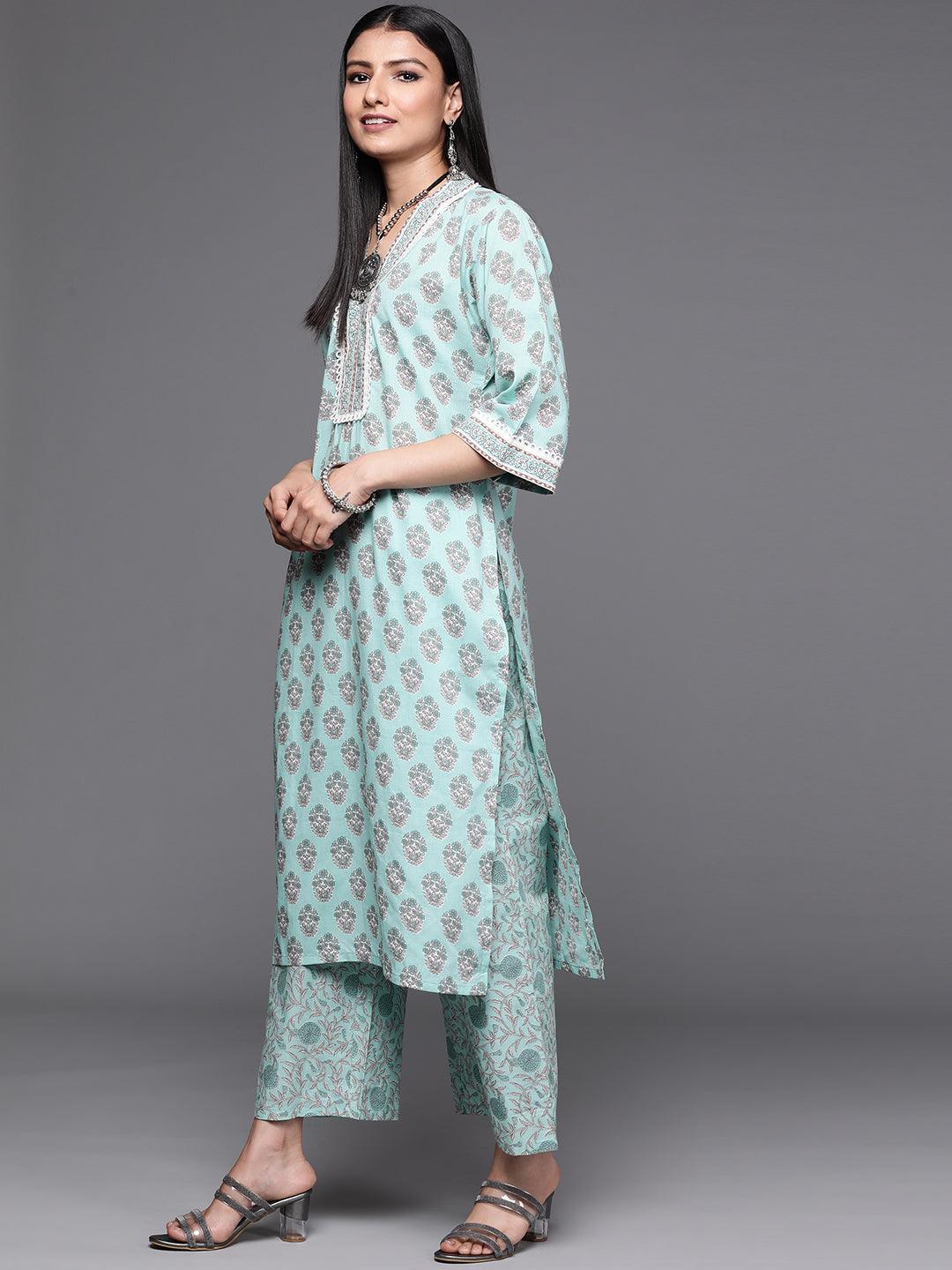 Sea Green Printed Cotton Suit Set