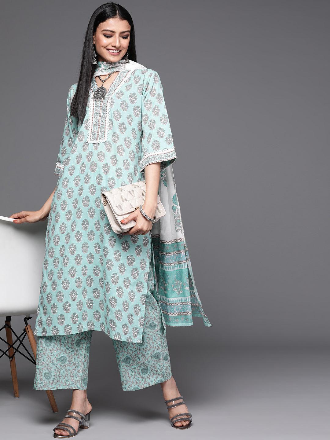 Sea Green Printed Cotton Suit Set